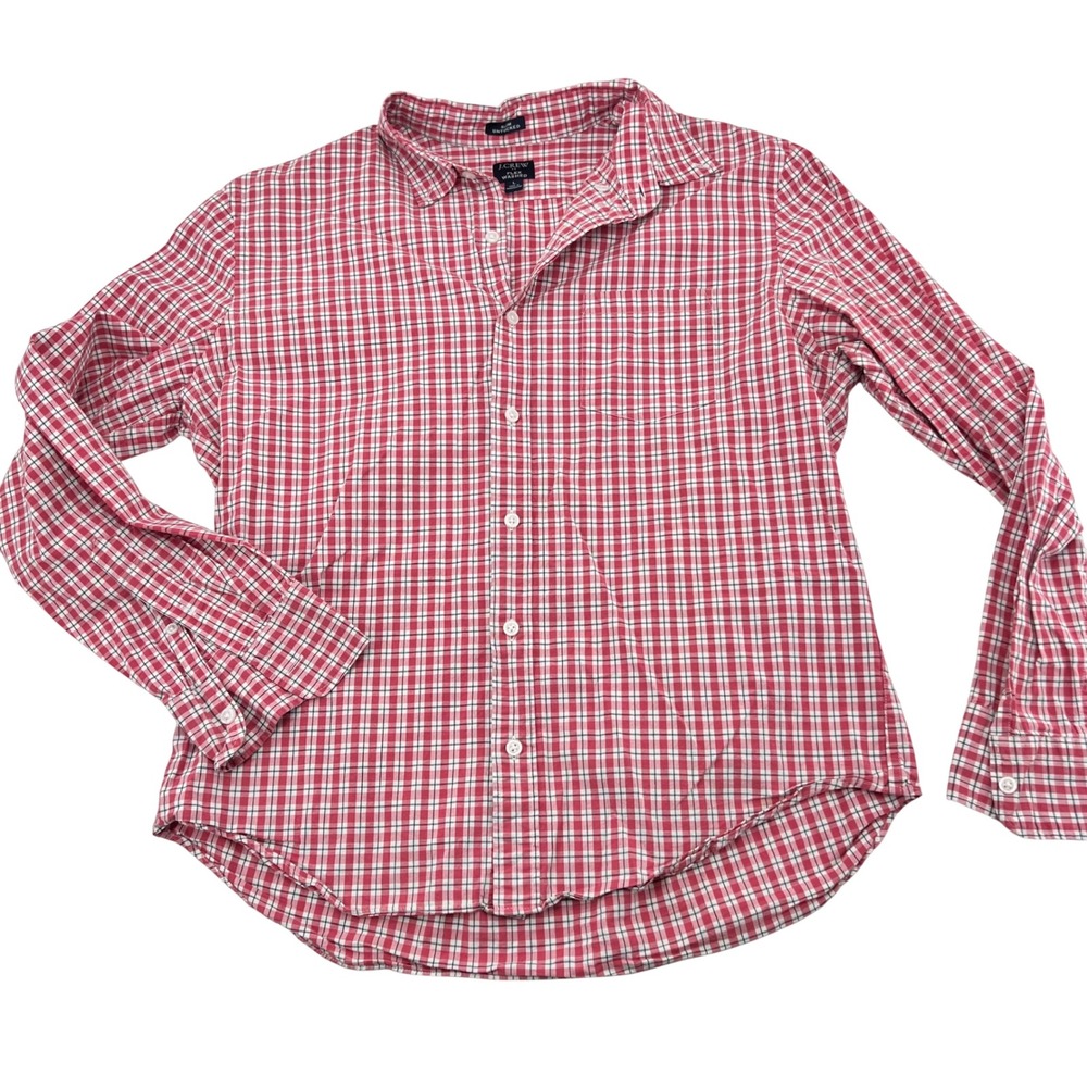 J.Crew Flex Washed Slim Untucked Shirt Mens Large Red White Gingham Check Cotton